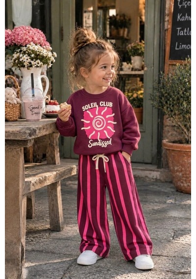 Soleil Club Baskılı Mürdüm Sweatshirt Çizgili Kız Çocuk Alt Üst Takım Süper Kalite 3ip Pembe Soleil Club Baskılı Mürdüm Sweatshirt Çizgili Kız Çocuk Alt Üst Takım Süper Kalite 3ip Pembe