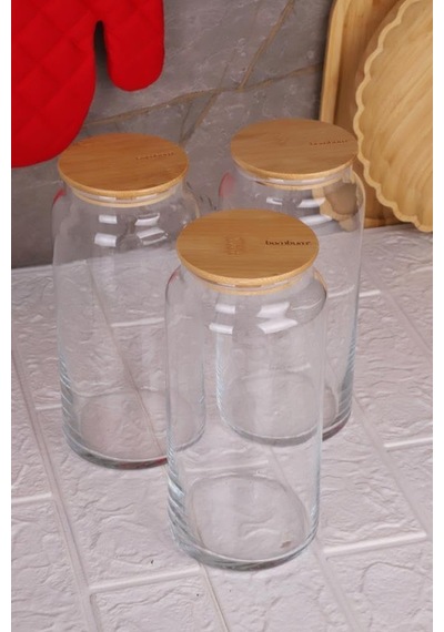 Zone - 3'lü Cam Saklama Kabı 1300ml Vakumlu Bambu Kapaklı Çok Renkli