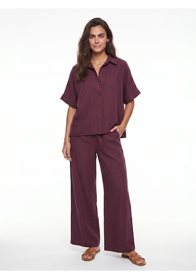 Onloox Kadın Bordo Mürdüm Akışkan Kumaş Kısa Kollu Oversize Düğmeli Beli Lastikli Geniş Paça PantolTakım