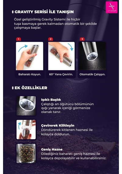 Gravity Paslanmaz Çelik Otomatik Tuz &amp Karabiber Öğütücü Pilli - Metalik Diğer