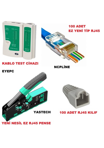 Ez Yeni Nesil 100 Rj45 100 Kılıf Ez Rj45 Pense Ve Test Cihazı Set Cat6 Hobi