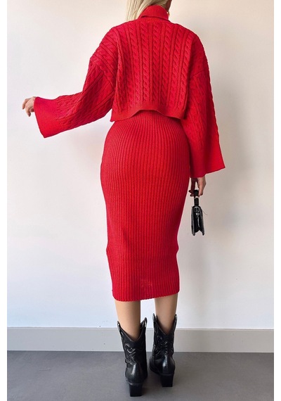 Flex Fashıon Boğazlı Kırmızı Saç Örgü Motifli Crop Kazak Ve Triko Elbise Takım Kırmızı - 612102340 Kırmızı - 612102340 Kırmızı
