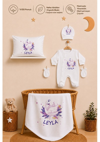 Pia Baby İsme Özel 5 Parça Kız Bebek Hastane Çıkışı Tulum Seti %100 Pamuk Organik Baskılı 2072tybyx Ekru