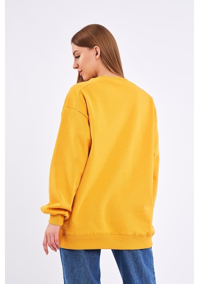 Mmetalic Sarı Kadın Pamuklu Oversize Basic Bisiklet Yaka Sweatshirt 001