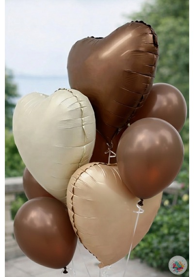 Kahverengi Kalp Folyo Balon Seti 3 Lü + 5 Adet Kahverengi Lateks Balon Çok Renkli