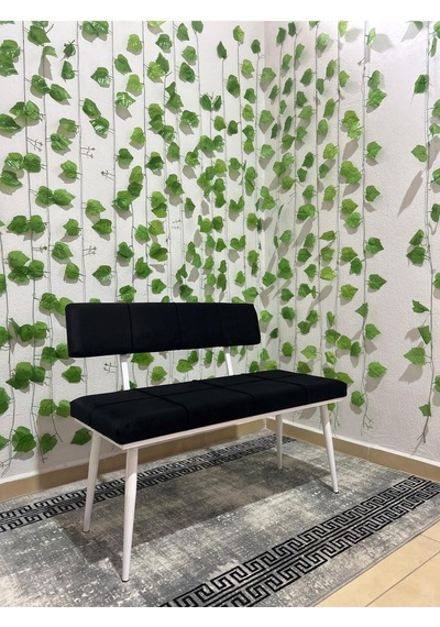 Özcan Metal Beyaz Metal Ayaklı Sırtlı Siyah Mutfak Salon Antre Yatak Odası Puf Bank Oturak Bench Siyah