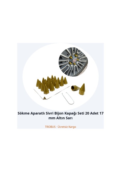 Trobus Sökme Aparatlı Sivri Bijon Kapağı Seti 20 Adet 17 Mm Altın Sarı