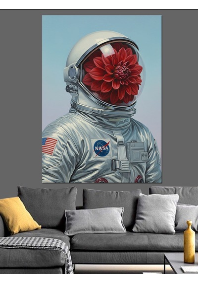 Karizma Tablo Astronot Başlı Çiçekli Adam Dekoratif Kanvas - Mdf Ahşap Tablo