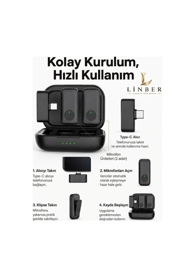 Siyah Kablosuz Yaka Mikrofonu Type-c Girişli Şarj Kutulu 2 Verici 1 Alıcı 48khz 24bit Gürültü Engellemeli. Siyah Siyah