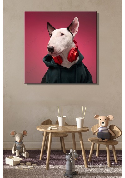 Kapüşonlu Sweatshirt Giymiş Kulaklıklı Beyaz Bir Bull Terrier Köpeği Kare Kanvas Tablo 4341 Çok Renkli