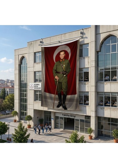 Elinde Bastonu İle Üniformalı Mustafa Kemal Atatürk Poster Bayrak Raşel Kumaş 6x9 Metre Ata62 Diğer