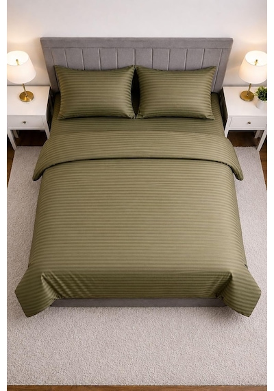 Tr Wova Home Olive Stripe Çift Kişilik Nevresim Takımı%90 Pamuk 83 Tel Saten Çizgili Lastikli Çarşaflı Yeşil Ne Genel