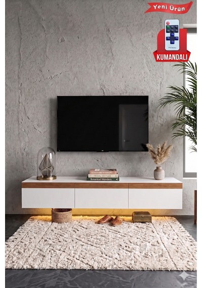 Pureline Tech Led Işıklı Tv Ünitesi 180 Cm - Modern Tv Sehpası - Beyaz Çam