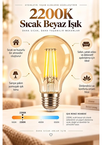 Tr A60 Dimmerli Rustik Gün Işığı 2200k Amber Led Ampul Filament E27 Duylu Filamanlı Edison Ampül Diğer