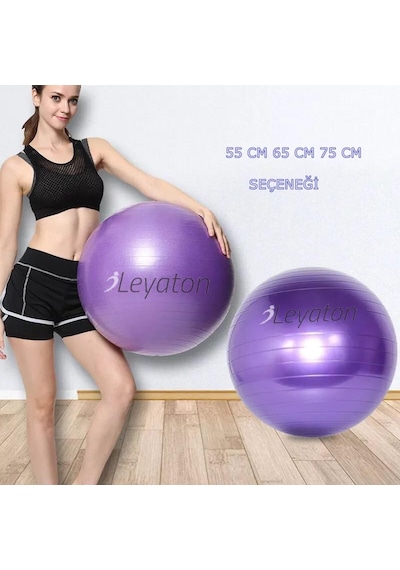 Leyaton Pilates Topu Kalın Büyük Boy Pilates Topu Mor Renk + Pompa 65 CM
