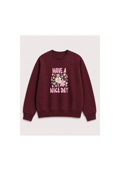 Herkesemoda Emoji Çiçekler Baskılı 2 İplik Şardonlu Bisiklet Yaka Sweatshirt Lacivert