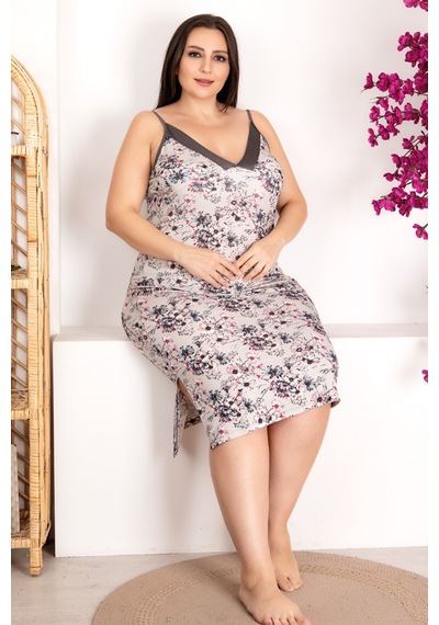 Lady Beyaz Renkli Çiçek Desenli Ve Askılı Kol 8906 Büyük Beden Anne Tunik Gecelik Gri