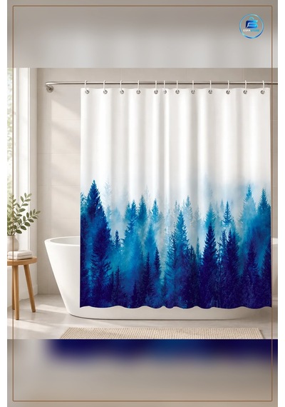 Banyo Perdesi Mavi Orman Desenli Dekoratif Halkalı Kancalı Duş Ev Çok Renkli