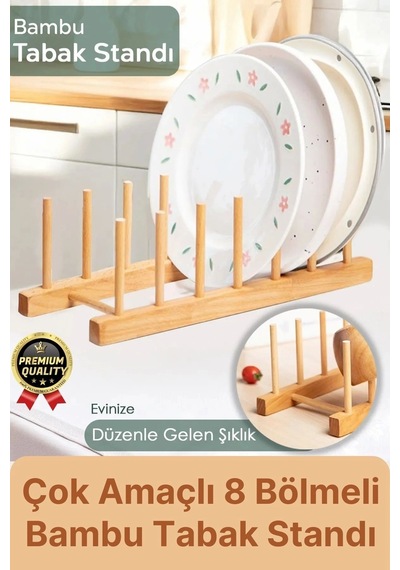 Çok Amaçlı Düzenleyici Bulaşıklık Plak Tabak Kitap Mutfak Organizer 8 Bölmeli Bambu Tabak Standı Diğer