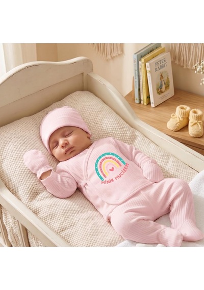 Lexroo %100 Pamuk Yenidoğan Bebek Hastane Çıkış Seti Minik Mucizem Yazılı Pembe 5 'li Bebek Takımı