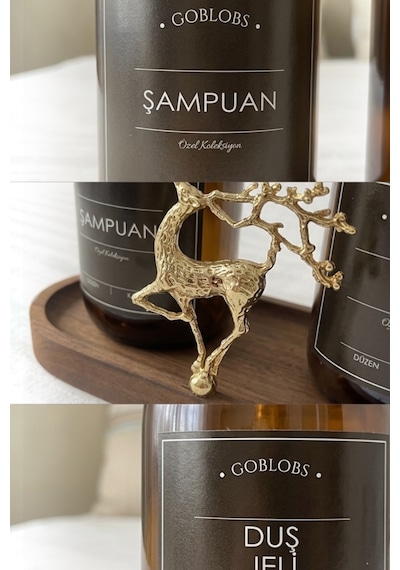 Sabunluk Amber Şişe Cam İkili Şampuan-duş Jeli Banyo Düzenleyici Lüks Gold Geyik Ahşap Standlı 500ml