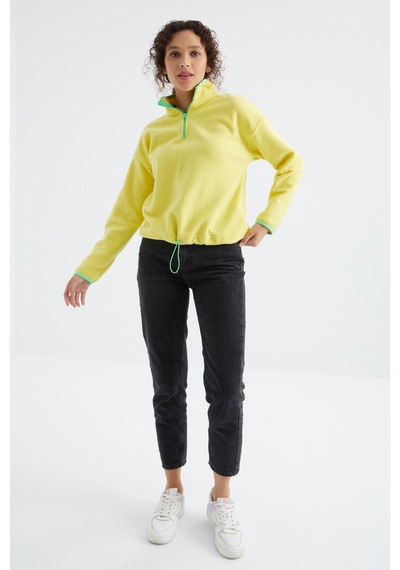 Tommy Life Limon Yarım Fermuar Etek Ucu Büzgülü Dik Yaka Oversize Kadın Polar Sweatshirt - 97234 Limon Sarısı