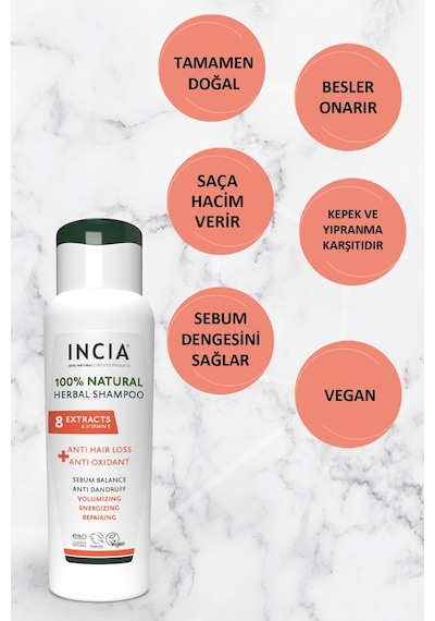INCIA %100 Doğal Saç Dökülmesine Karşı Etkili Şampuan 8 Değerli Bitki Eki Vegan  275 ML