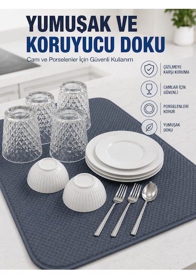 Su Emici Bulaşık Kurutma Matı Kaydırmaz Ve Yumuşak Dokulu Kurutmalık - Lisinya Lacivert
