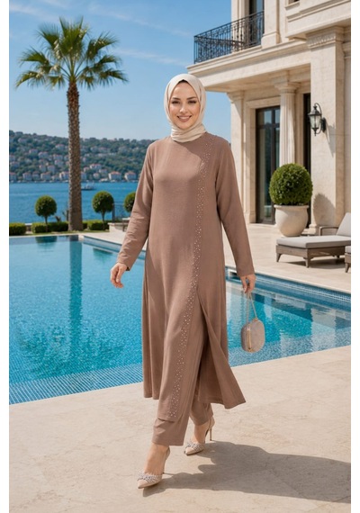 Hb Harma Time Butik Kadın İnci İşlemeli Bej Tunik-pantolon İkili Takım