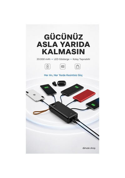 20.000 Mah  & Led Işıklı Siyah Powerbank Kesintisiz Güç Siyah - 747408433 Siyah