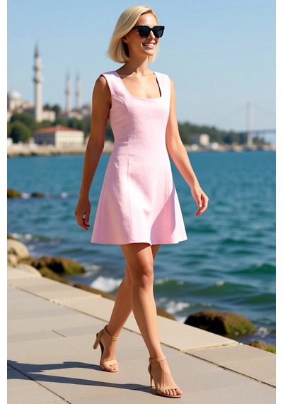 Benerly Kadın Kolsuz Havuz Yaka %100 Keten Mini Elbise Kalın Askılı Skate Pembe