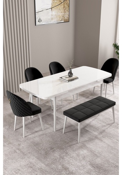 Milas Beyaz 80x132 Mdf Açılabilir Yemek Masası Takımı 4 Sandalye, 1 Bench Siyah