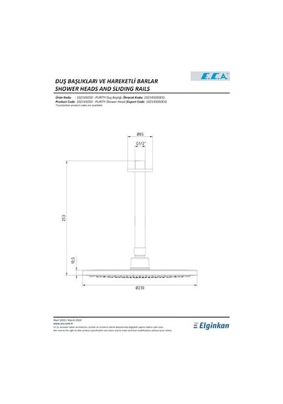 Eca Purity 1021450 Tavandan Oval Borulu Ankastre Tepe Duş Başlığı Krom