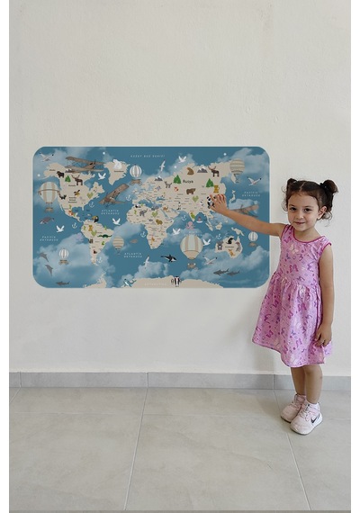 Eğitici Dünya Haritası Dünya Atlası Çocuk Ve Bebek Odası Duvar Sticker -60x105-3828 Çok Renkli