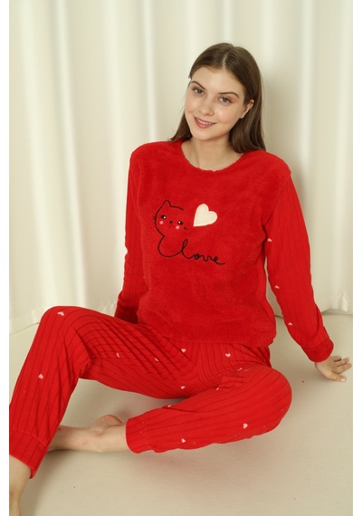 Wordex Fawn 04-3309 Peluş Welsoft Polar Kışlık Yumoş Kalpli Kedili Kadın Pijama Takımı Kırmızı Wordex Fawn 04-3309 Peluş Welsoft Polar Kışlık Yumoş Kalpli Kedili Kadın Pijama Takımı Kırmızı