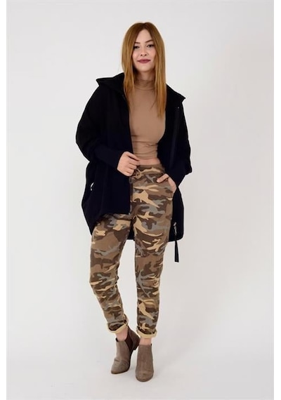 Eren Style Italyan Beli Bağlamalı Kamuflaj Desenli Dar Paça Pantolon-9078 Camel