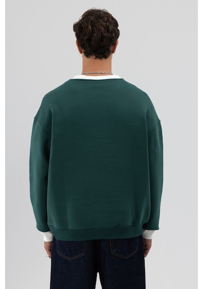 Vamos Oversize Bisiklet Yaka Baskılı Sweatshirt V70-91 Nefti Yeşil