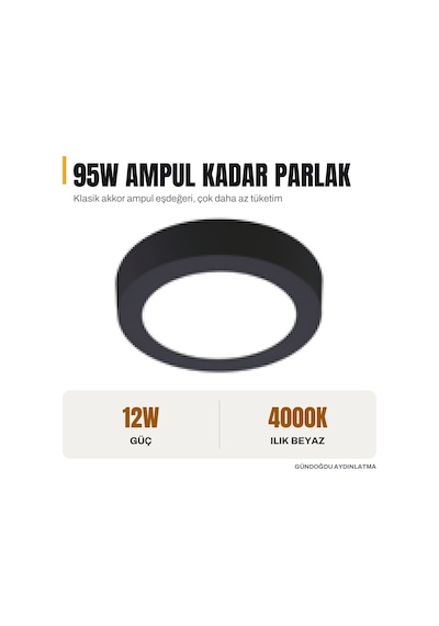 Jupıter Siyah 12w Sıva Üstü Yuvarlak Led Panel 4000k Naturel Beyaz - Lc468-s840