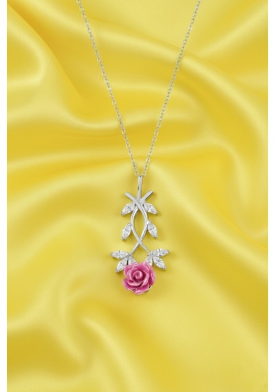 Çekirdekjewelry 925 Ayar Gümüş Pembe Güllü Kolye Gri