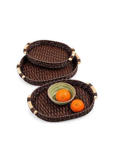 Kosova Wicker Serisi 3 Lü Hasır Örme Oval Tepsi Seti