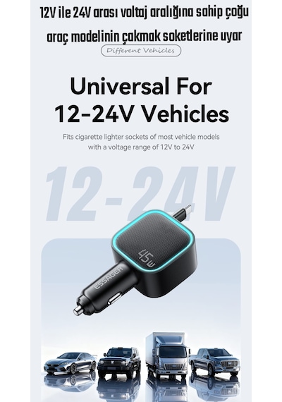 Essager 45w 3'ü 1'arada Geri Çekilebilir Kablolu Type-c+usb Araç Şarj Cihazı Hızlı Ce+rohs Lisanslı Sağlam -