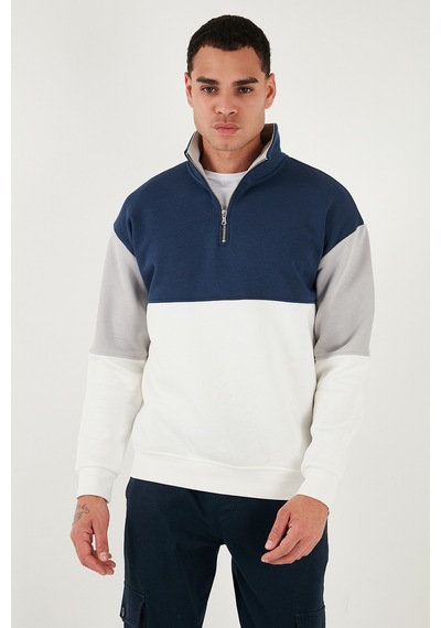 Buratti Renk Bloklu Regular Fit Yarım Fermuarlı Dik Yaka Erkek Sweat 5905719 Ekru