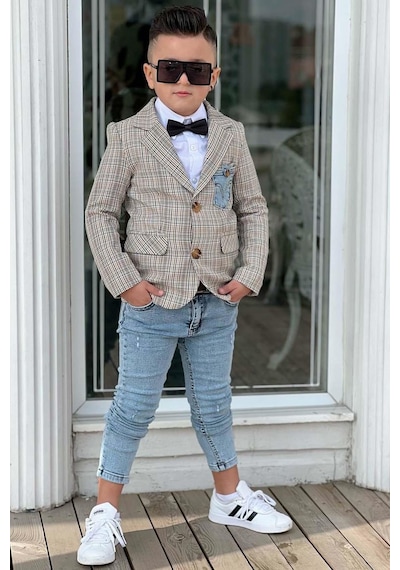 Riccotarz Erkek Çocuk Çizgili Blazer Ceket Kot Pantolon Gri Alt Üst Takım 001