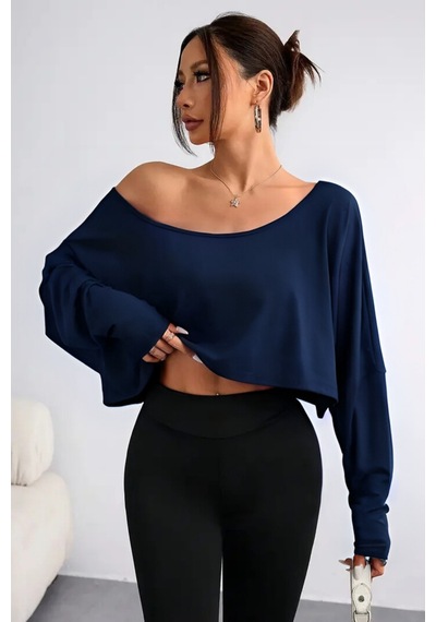 Kadın Düşük Omuz Kayık Yaka Oversize Uzun Kollu Crop T-shirt Lacivert