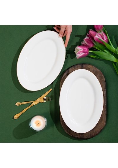 Porsima 4440 Gardenya Porselen Altın Fileli Kayık Tabak Seti - Oval Kahvaltılık Sunumluk Seti 30cm Beyaz