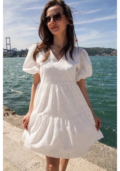Pastelastore Yazlık Astarlı Pamuklu Brode Kadın Elbise 1301 Ekru