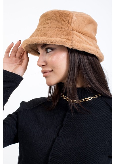Ladycolor Tavşan Tüyü Peluş Bucket Kova Moda Kadın Kışlık Şapka Kahverengi