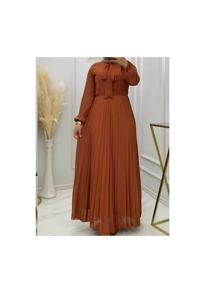 Çınar Boutique Pilise Şifon Elbise Tesettür Koyu Kremit Koyu Kremit