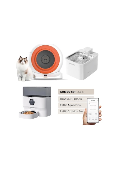 Groove Q-clean Akıllı Otomatik Kedi Tuvaleti Turuncu - Petfit Aqua Flow Akıllı Bataryalı Su Pınarı Çeşmesi + Petfit Catmax Pro Akıllı Otomatik Mama Kabı Bundle
