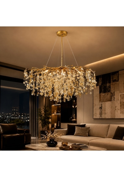 Masal Sıralı Gold Yemek Masası Üstü, Kristal Taşlı Modern, Oturma Odası, Salon Avize Altın